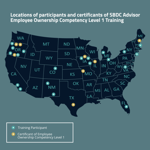 Map of the United States where SBDC received trainings on worker cooperatives.